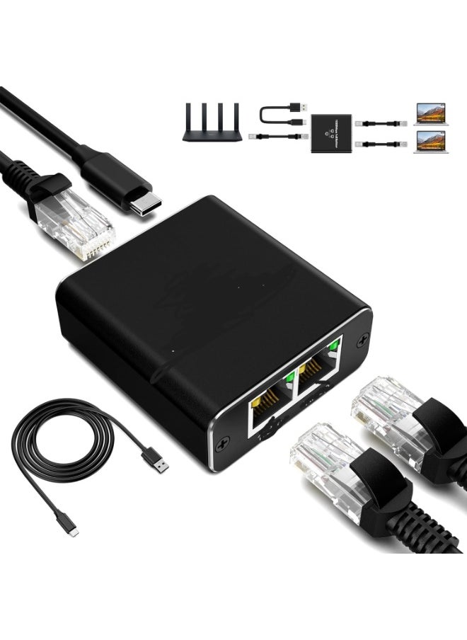 Generic 1 to 2 Gigabit Network Splitter – 1000Mbps Speed – Dual Gigabit Ports with Type-C Power Cable – Compatible with PC, Router, ADSL, Digital TV  - Image 1