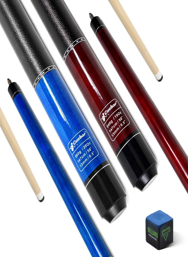 CUEBAR Pool Cues Set of 2, 58" 2-Piece Maple Billiard Sticks, Blue & Red - Image 1