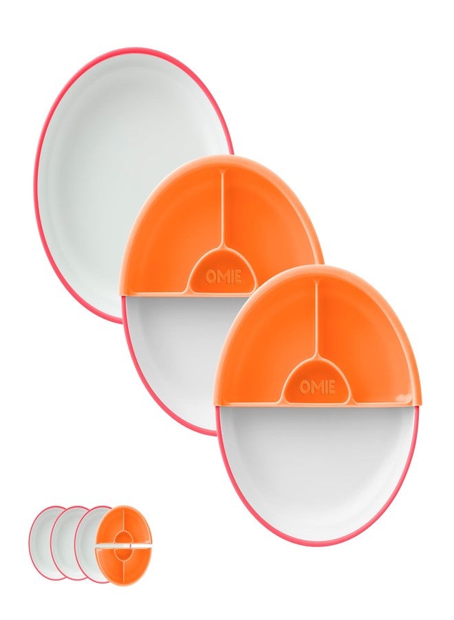 Omie® Easy Scoop Plates for Kids | Unique Design Helps Food Fall into the Spoon, Not on the Table | Made from Plants | 3 Plates + 2 Silicone Dividers | Pink - Image 1