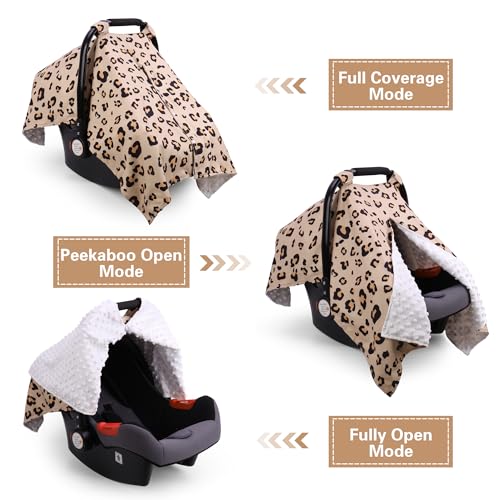 Rquite Car Seat Cover Baby Carseat Covers for Boy Girl Minky Infant Car Seat Cover Winter Peekaboo Opening Car Seat Canopy Multiuse Baby Carrier Stroller Nursing Cover Minky Blanket Leopard - Image 3