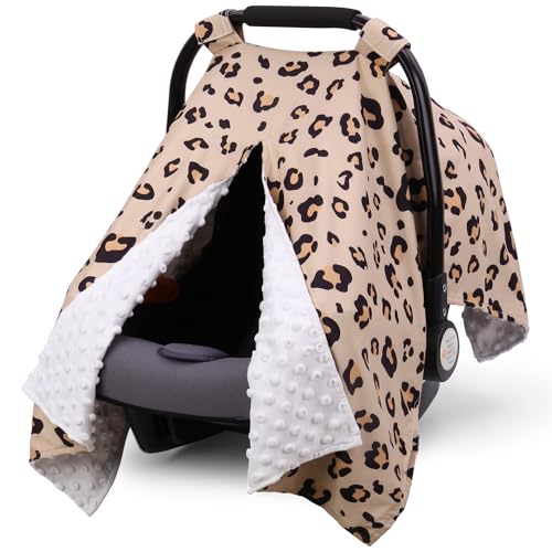 Rquite Car Seat Cover Baby Carseat Covers for Boy Girl Minky Infant Car Seat Cover Winter Peekaboo Opening Car Seat Canopy Multiuse Baby Carrier Stroller Nursing Cover Minky Blanket Leopard - Image 1