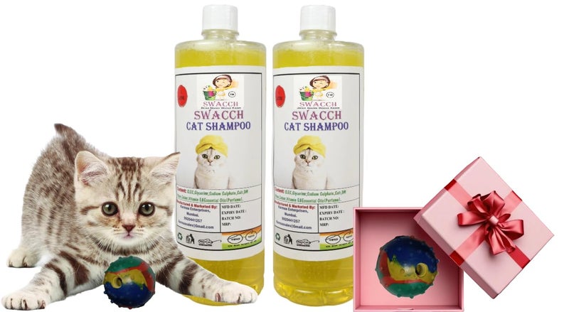 swacch Cat Shampoo + Rubber Musical Ball I Chew Playing Rubber Ball I Interactive Cat Toy Balls I Training & Play I Combo Pack I 1 Litre Pack of 2 Lemon - Image 1
