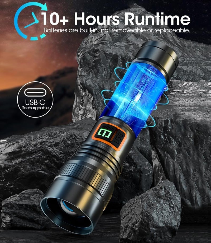 Zikra Zoomable Handheld Flashlight, 10000 Lumens Tactical Flashlight, Small Long Beam Flashlight, IPX6 Waterproof Flashlight for Camping, Home, Hiking, Fishing, Emergency, USB-C Rechargeable - Image 4