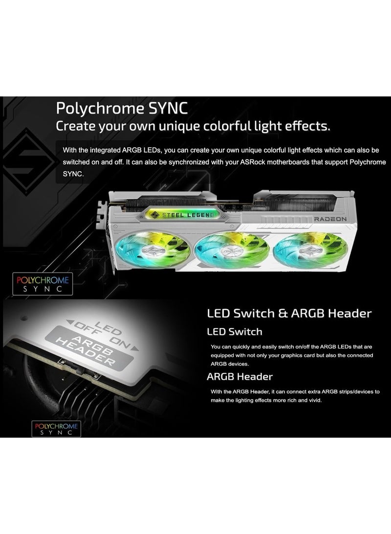 ASRock بطاقة الرسوميات AMD Radeon RX 9060 XT Steel Legend Overclocked Triple Fan بسعة 16GB GDDR6 PCIe 5.0. دقة قصوى 7680 x 4320. سرعة التعزيز: تصل إلى 3320 MHz / 20 Gbps - Image 5