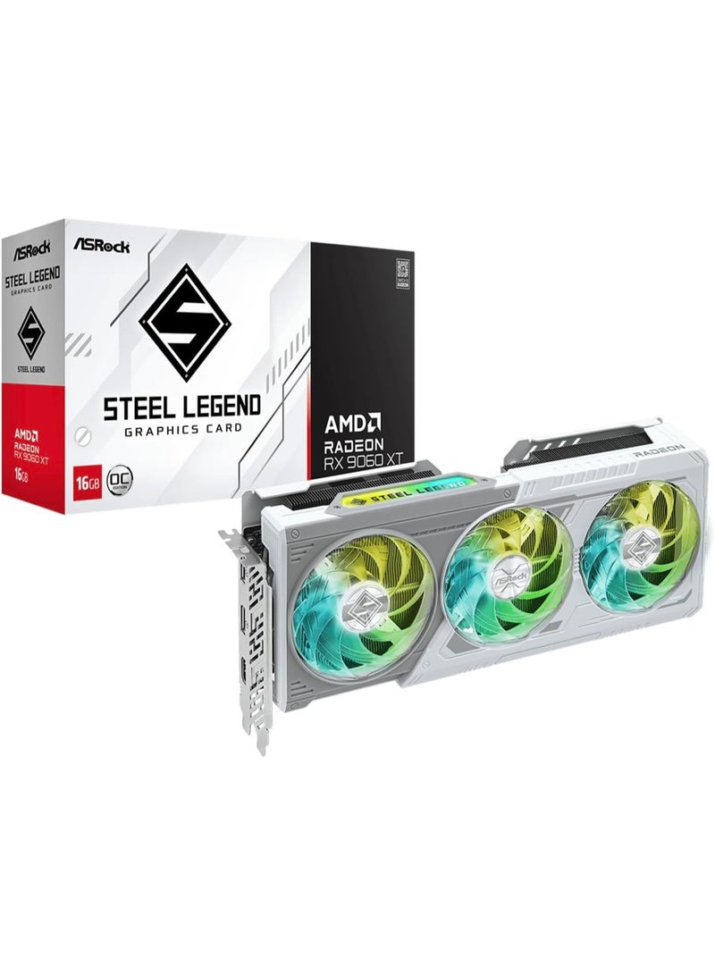 ASRock بطاقة الرسوميات AMD Radeon RX 9060 XT Steel Legend Overclocked Triple Fan بسعة 16GB GDDR6 PCIe 5.0. دقة قصوى 7680 x 4320. سرعة التعزيز: تصل إلى 3320 MHz / 20 Gbps - Image 1