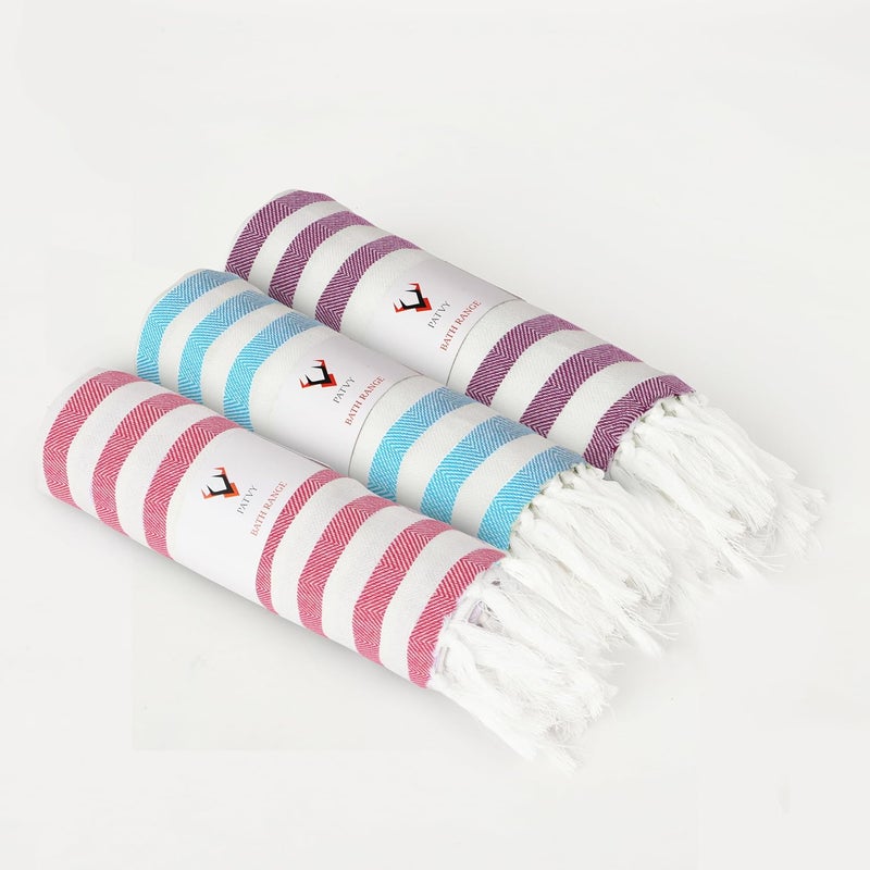 PATVY Bath Towels| Light Weight Turkish Style Stripe Bath Towels for Men Large Size Cotton|70 x 150cm Quick Absorption &Faster Drying Bath Towel for Women| (Pack of 3, Teal Blue & Pink & Grape) - Image 1
