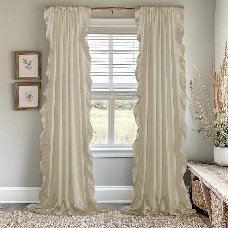 StangH Vintage Beige Ruffle Curtains for Bedroom, Elegant Design, Light Filtering Drapes for Living Room, Perfect for Farmhouse Style, Girls Room, Woman, W52 x L84, 2 Panels - Image 1
