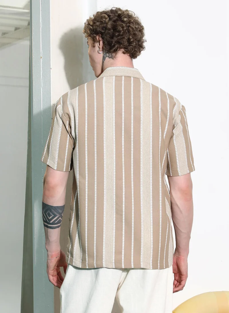 CAHOOT  Men's Beige Striped Cuban Collar Shirt for Men | Best Price UAE