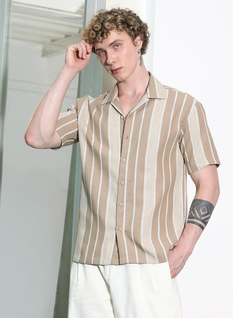 CAHOOT  Men's Beige Striped Cuban Collar Shirt for Men | Best Price UAE