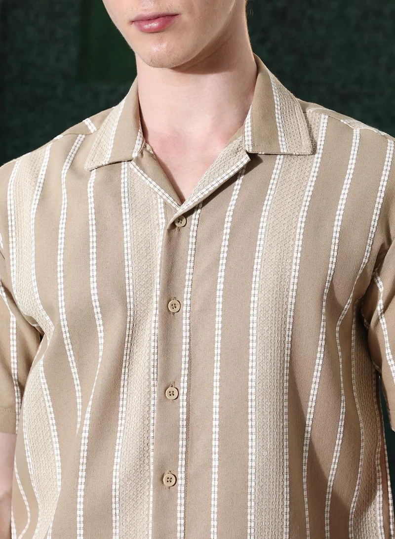 CAHOOT  Men's Beige Striped Cuban Collar Shirt for Men | Best Price UAE
