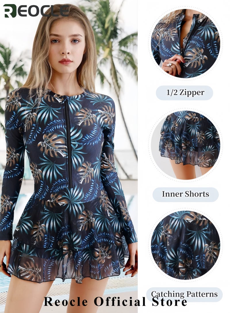 REOCLE Womens Rash Guard Long Sleeve UPF 50+ Zip Up One Piece Swimsuits with Shorts Modest Swim Dress with Built in Bra  - Image 4