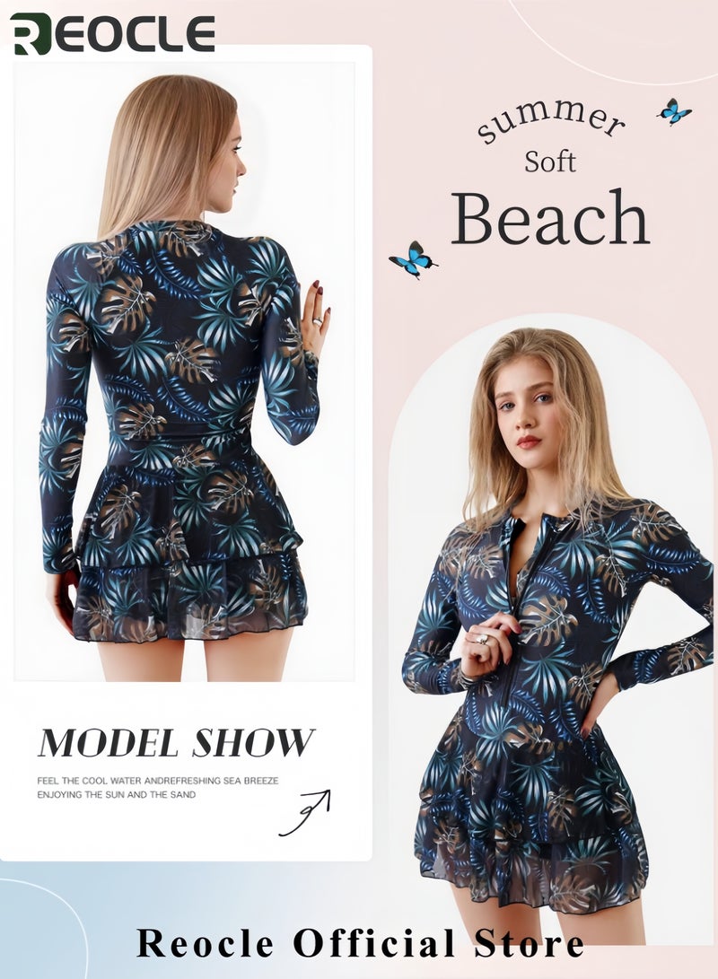 REOCLE Womens Rash Guard Long Sleeve UPF 50+ Zip Up One Piece Swimsuits with Shorts Modest Swim Dress with Built in Bra  - Image 3