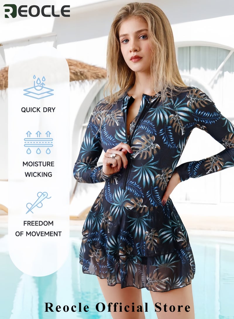 REOCLE Womens Rash Guard Long Sleeve UPF 50+ Zip Up One Piece Swimsuits with Shorts Modest Swim Dress with Built in Bra  - Image 2