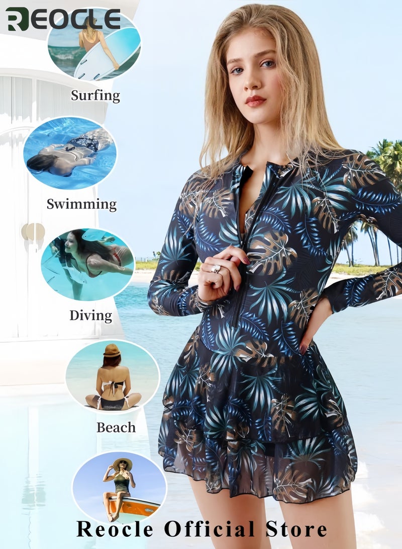 REOCLE Womens Rash Guard Long Sleeve UPF 50+ Zip Up One Piece Swimsuits with Shorts Modest Swim Dress with Built in Bra  - Image 5