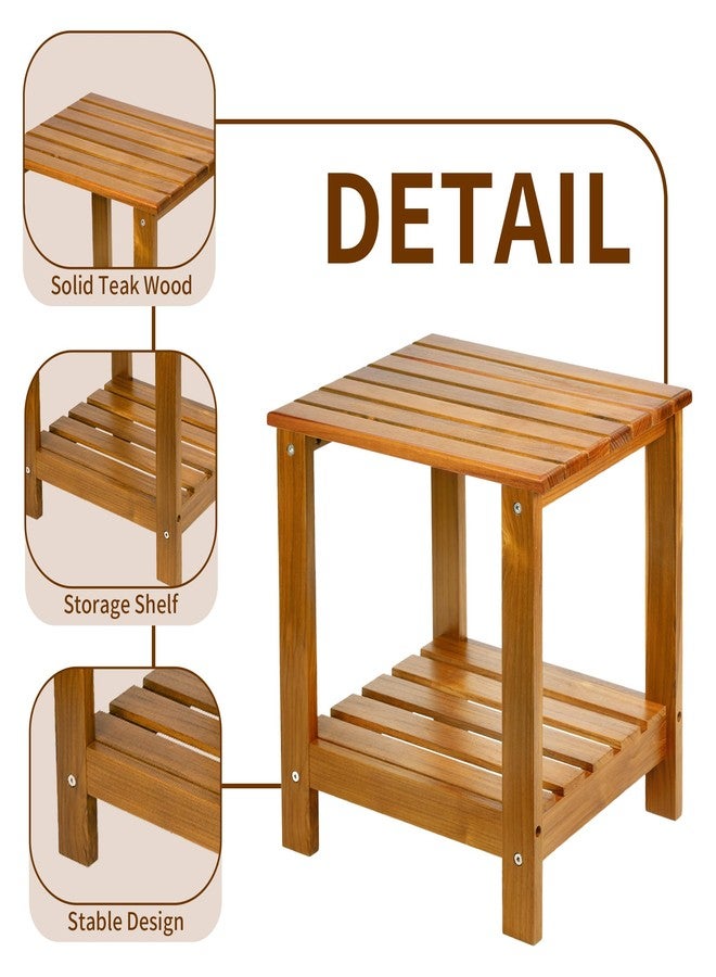 VaeFae Solid Teak Wood 2-Tier End Table with Storage Shelf - Small Space Side Table for Bathroom, Living Room, Bedroom - Shower Corner Caddy, 16" D x 13" W x 17.5" H - Image 3