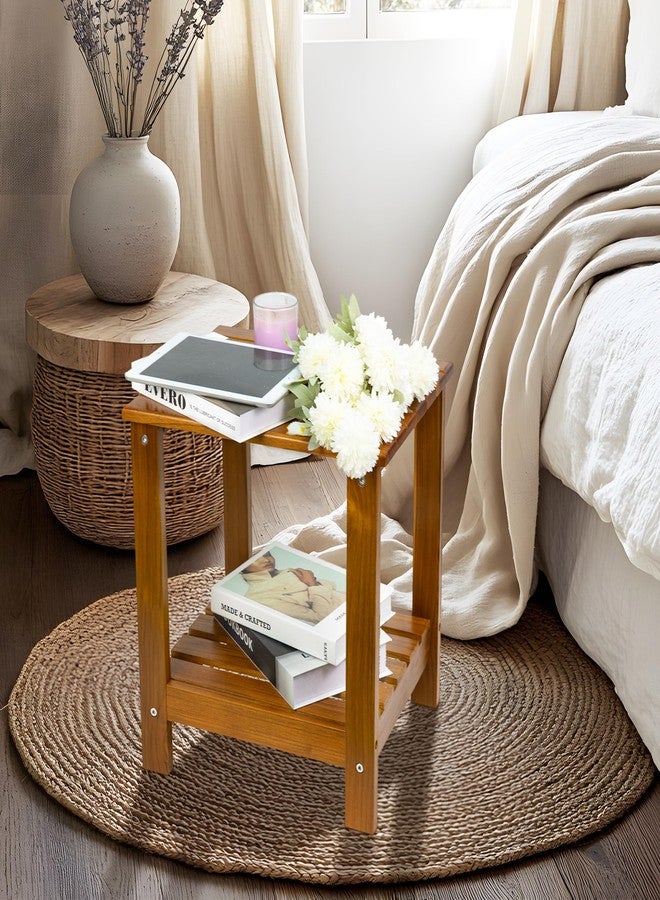 VaeFae Solid Teak Wood 2-Tier End Table with Storage Shelf - Small Space Side Table for Bathroom, Living Room, Bedroom - Shower Corner Caddy, 16" D x 13" W x 17.5" H - Image 5
