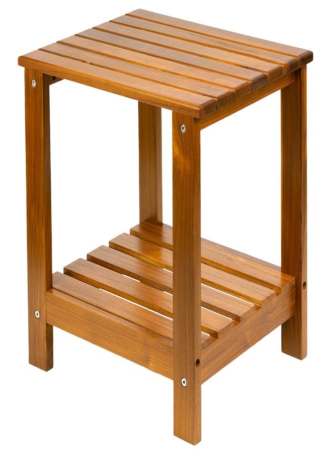 VaeFae Solid Teak Wood 2-Tier End Table with Storage Shelf - Small Space Side Table for Bathroom, Living Room, Bedroom - Shower Corner Caddy, 16" D x 13" W x 17.5" H - Image 1