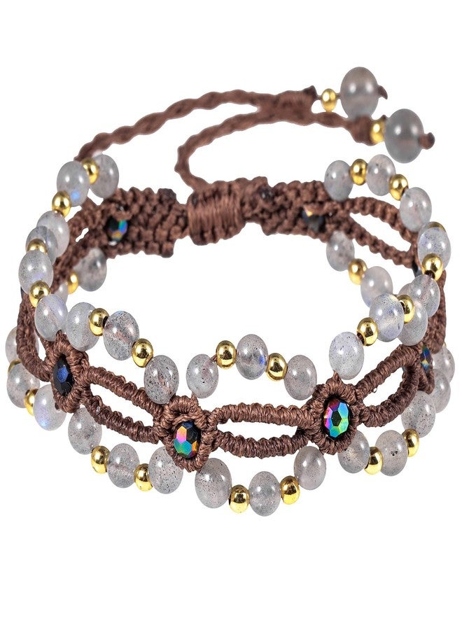 Amogeeli Stone Beads Bracelets Jewelry with Adjustable Braided Wax Cord Healing Crystal Amulet for Women, Labradorite - Image 1
