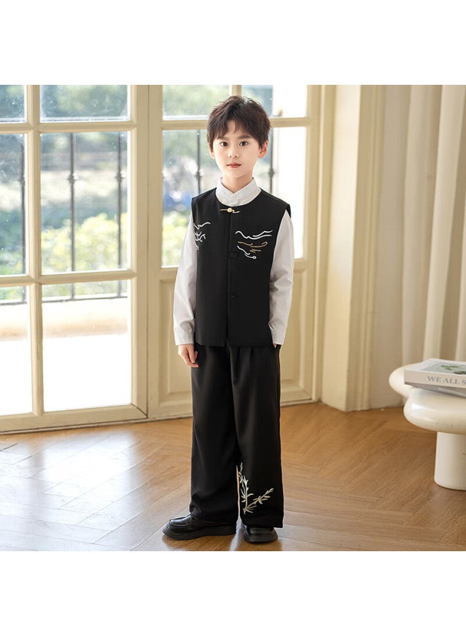 Luobobeibei Children's Hanfu New Chinese Style Vest Set Boys National Style Embroidered Ceremony Outfit New Year Greeting Black Long Pants Set 150 - Image 2