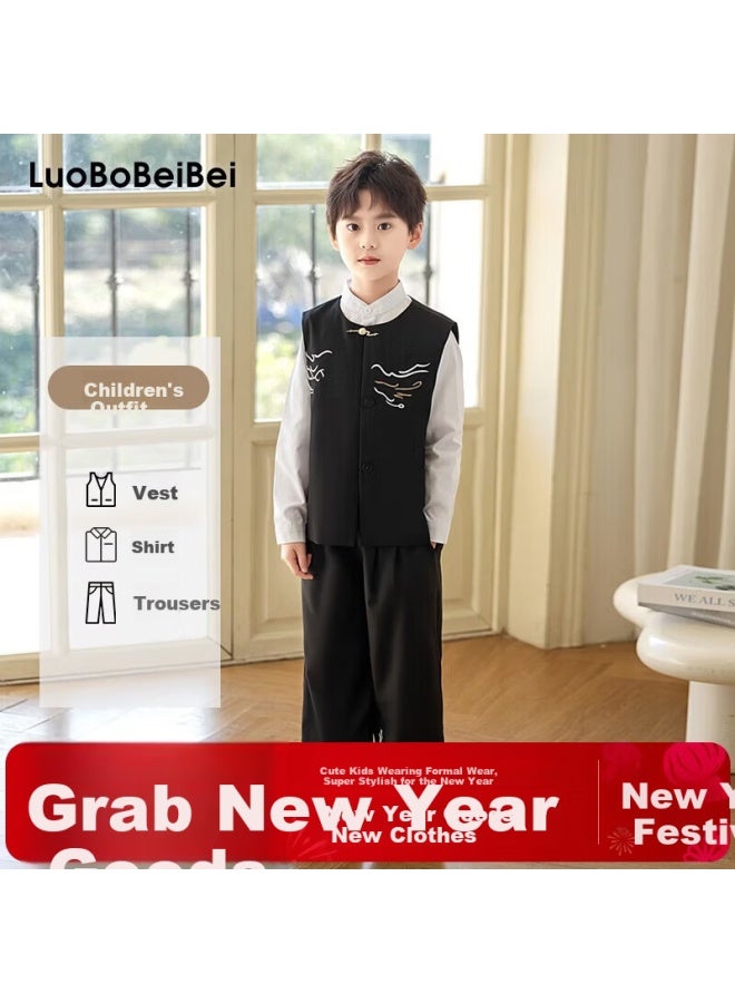 Luobobeibei Children's Hanfu New Chinese Style Vest Set Boys National Style Embroidered Ceremony Outfit New Year Greeting Black Long Pants Set 150 - Image 1
