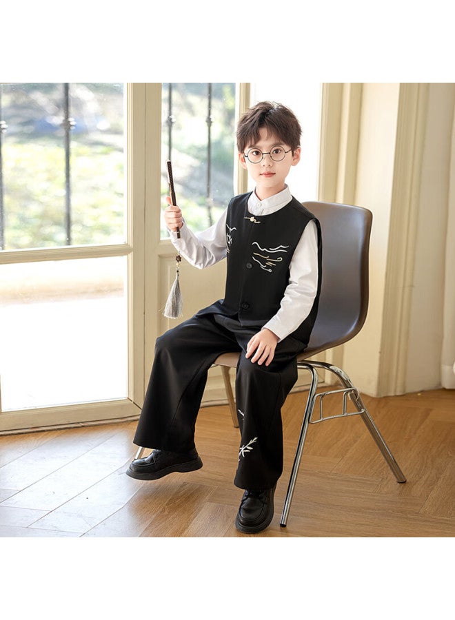 Luobobeibei Children's Hanfu New Chinese Style Vest Set Boys National Style Embroidered Ceremony Outfit New Year Greeting Black Long Pants Set 150 - Image 4