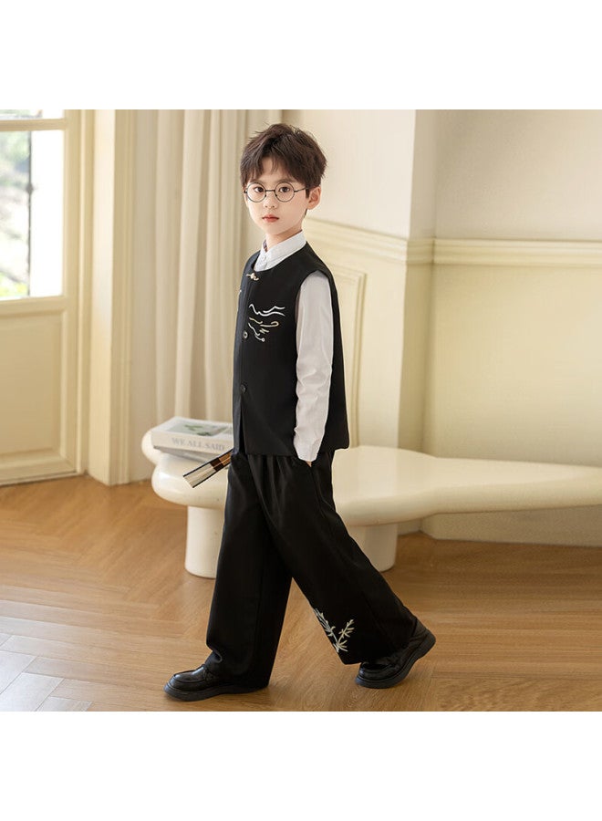 Luobobeibei Children's Hanfu New Chinese Style Vest Set Boys National Style Embroidered Ceremony Outfit New Year Greeting Black Long Pants Set 150 - Image 3