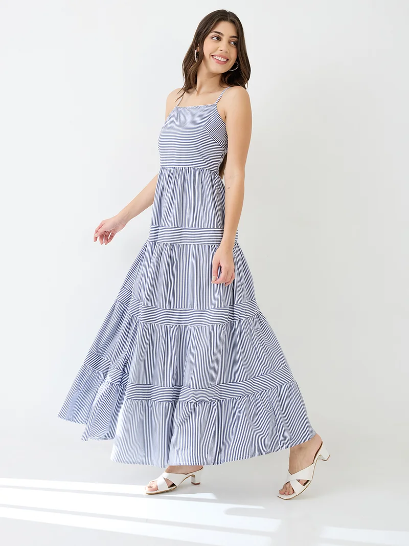 globus Globus Women Blue Square Neck Strappy Shoulder Striped Smocked Tiered Fit & Flare Maxi Dress