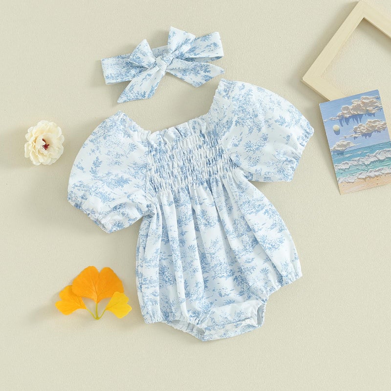 MERSARIPHY Baby Summer Clothes Newborn Infant Girl Smocked Pleated Romper Bubble Short Sleeve Bodysuit Outfits(Blue floral,0-3 Months) - Image 5
