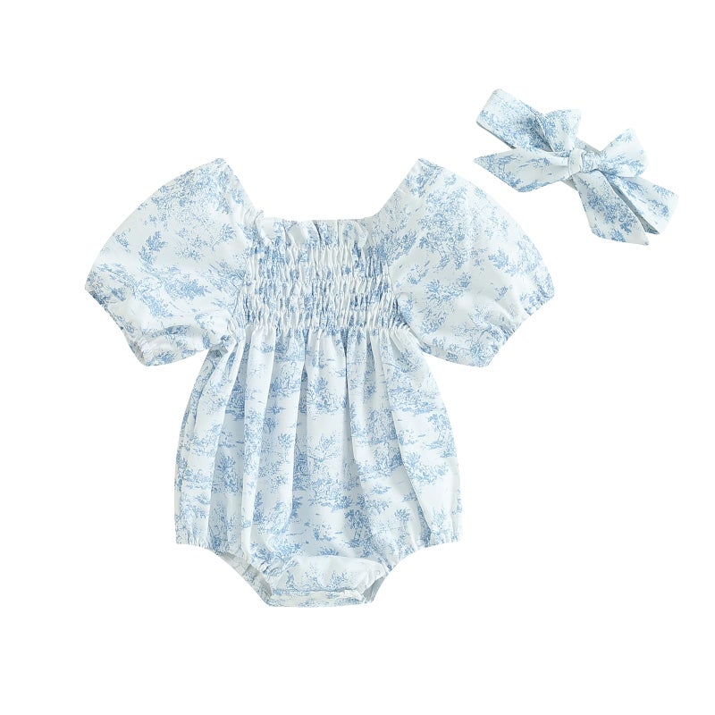MERSARIPHY Baby Summer Clothes Newborn Infant Girl Smocked Pleated Romper Bubble Short Sleeve Bodysuit Outfits(Blue floral,0-3 Months) - Image 1