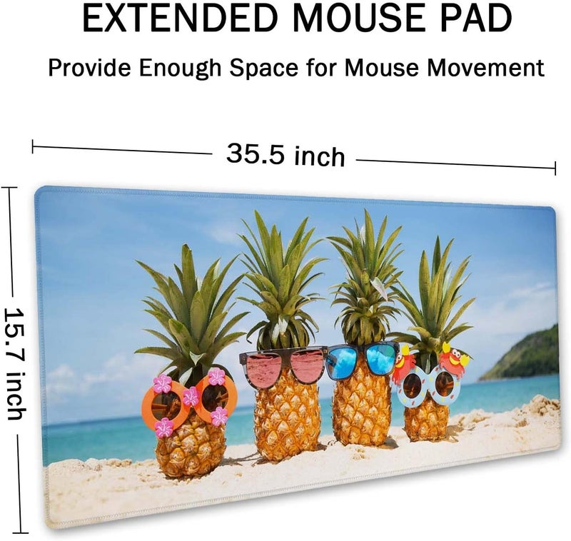 SSOIU Extended Gaming Mouse Pad (35.5x15.7 in), Large Stable Rubber Base Mousepad with Stitched Edges, Keyboard Mouse Mat Desk Pad for Work, Game, Office, Home - Funny Pineapples - Image 2