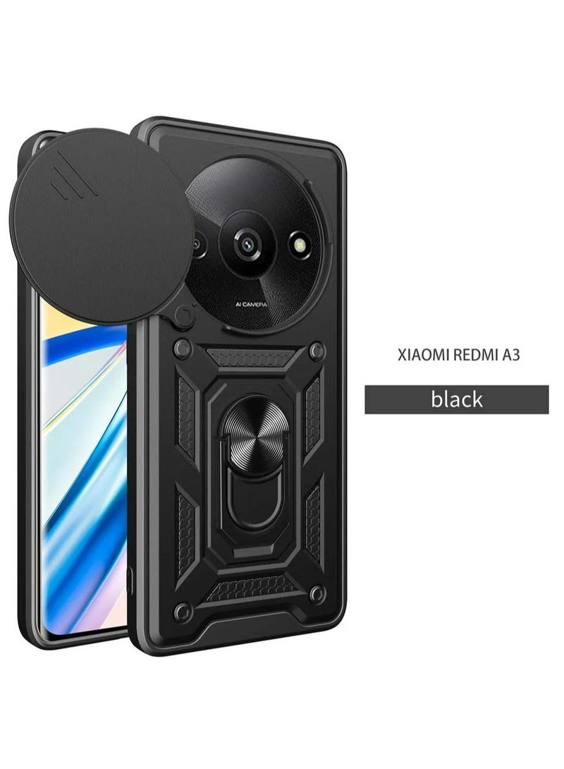 الدخن Redmi A3 4G الهاتف المحمول حالة ، انزلاق الكاميرا عدسة تغطية + 360 درجة قوس الدورية خاتم + دعم المغناطيسي سيارة الهاتف المحمول حالة صدمة - Image 1