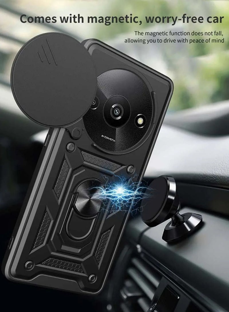 الدخن Redmi A3 4G الهاتف المحمول حالة ، انزلاق الكاميرا عدسة تغطية + 360 درجة قوس الدورية خاتم + دعم المغناطيسي سيارة الهاتف المحمول حالة صدمة - Image 2