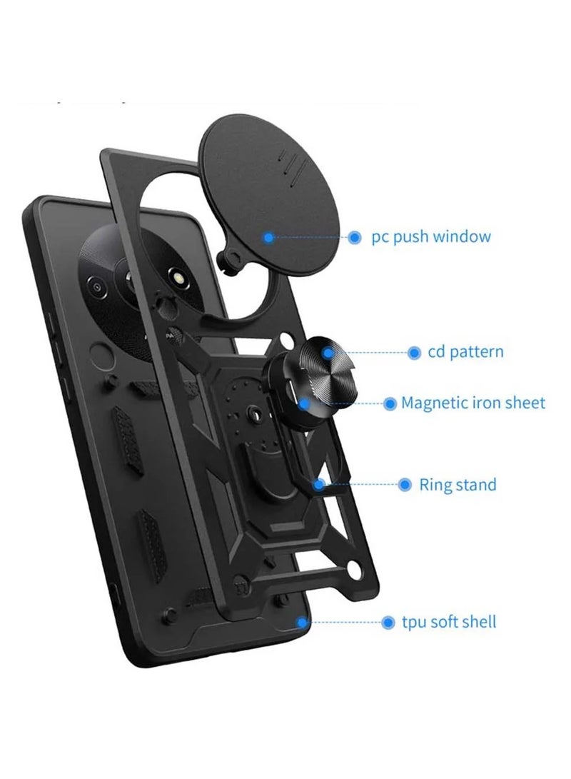 الدخن Redmi A3 4G الهاتف المحمول حالة ، انزلاق الكاميرا عدسة تغطية + 360 درجة قوس الدورية خاتم + دعم المغناطيسي سيارة الهاتف المحمول حالة صدمة - Image 4