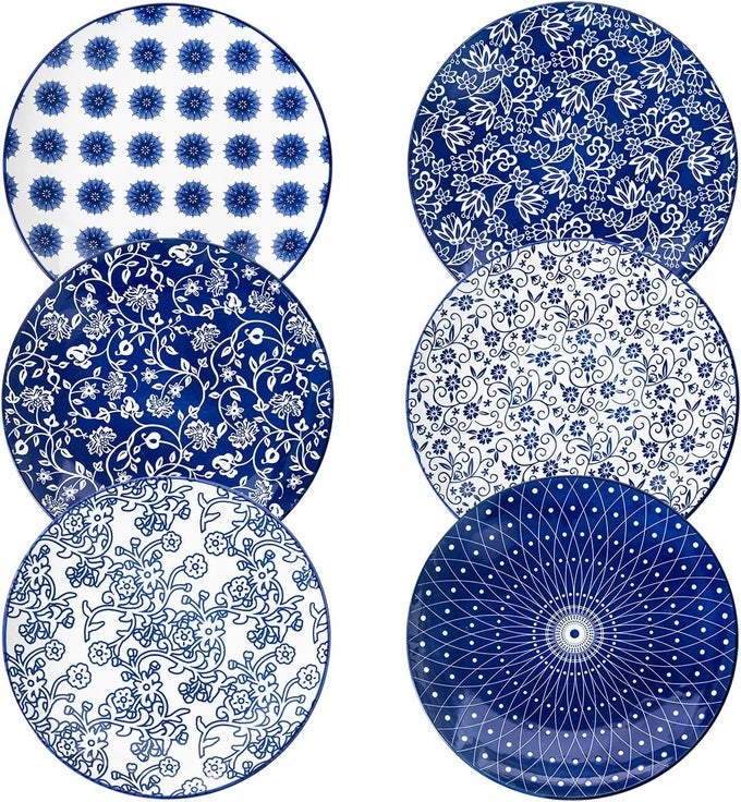 CERAMIC DINNER PLATES SET 105 INCH LARGE KITCHEN PORCELAIN SALAD SERVING PLATE FOR PASTA STEAK PIZZA PANCAKES SCRATCH RESISTANT DISHWASHER OVEN MICROWAVE SAFE SET OF 6 VINTAGE BLUE