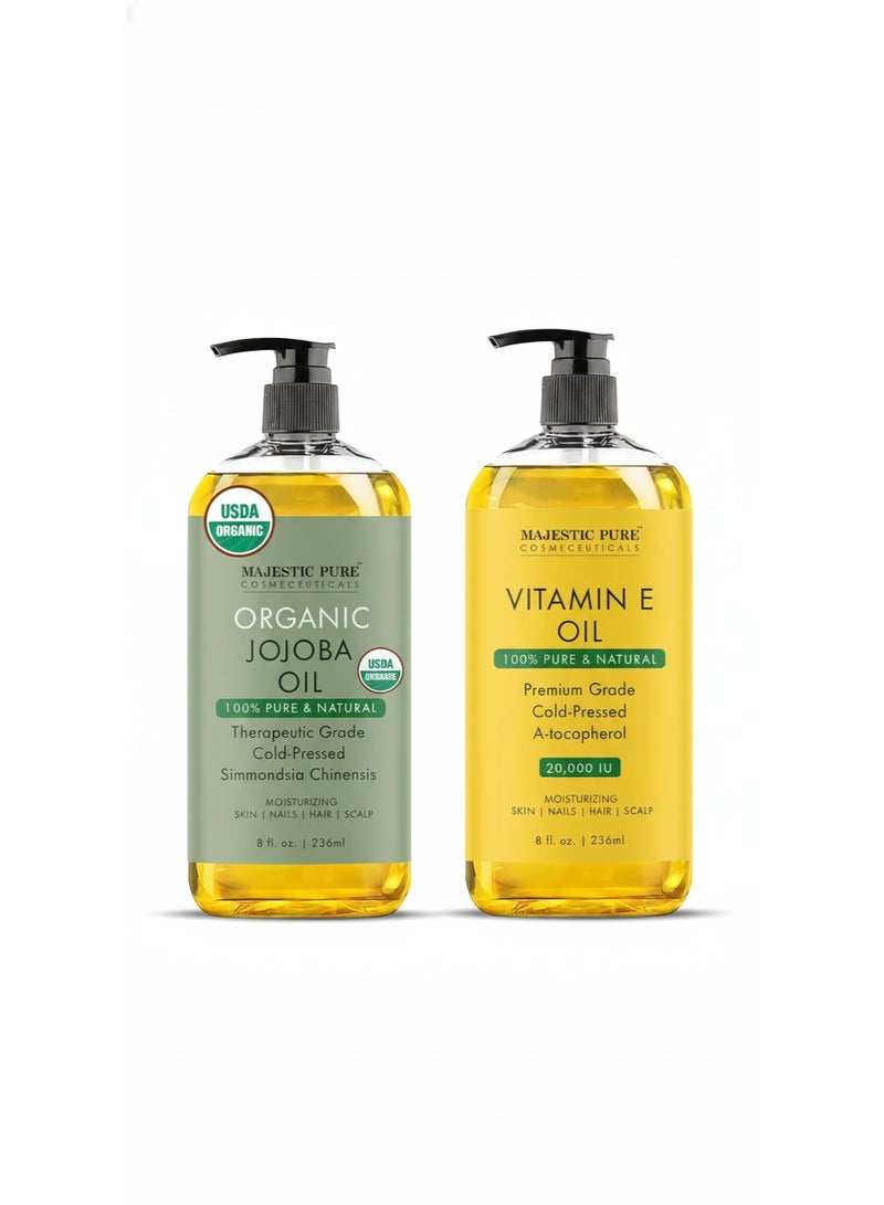 Majestic Pure Pack of 2 Organic Jojoba Oil 236 ML Large,100% Pure Jojoba Oil Organic for Skin, Hair, Scalp, Nails, Face and Vitamin E Oil - 236 ml, 100% Pure and Natural Cold Pressed - Image 1