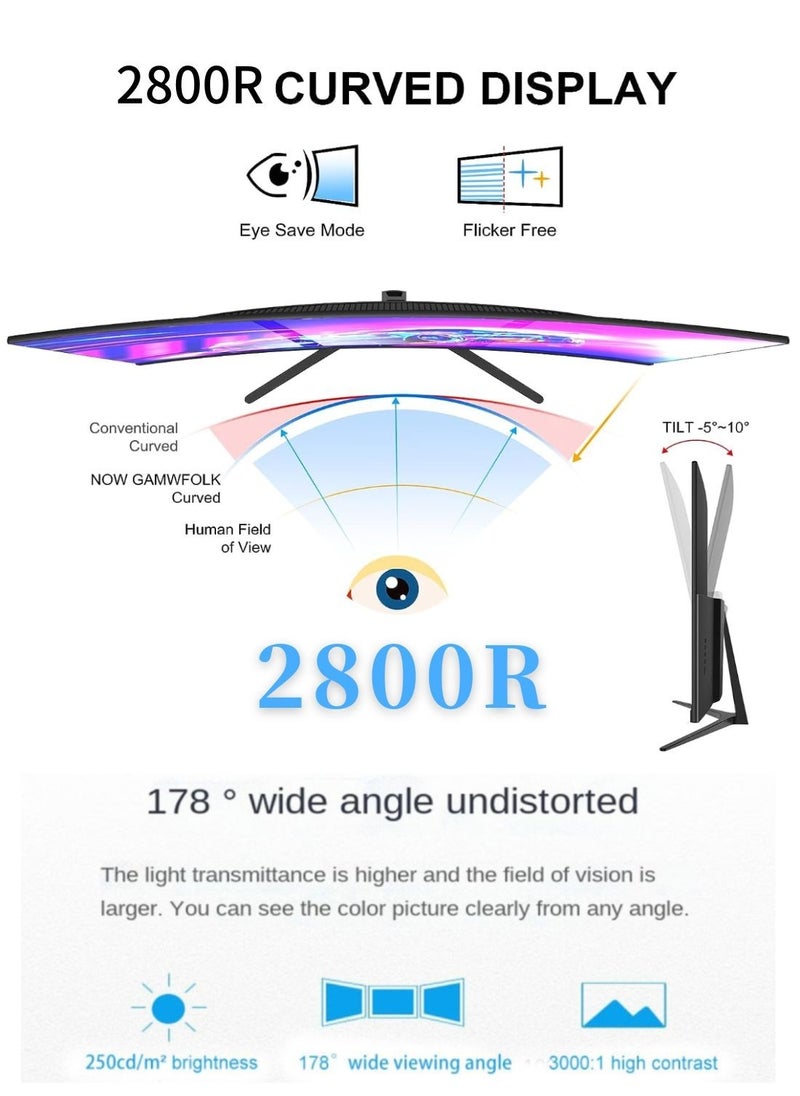 HILUKE - 27 inch Curved Gaming Monitor,165Hz PC Monitor Full HD 1440P, Frameless 2800R Computer Display with FreeSync & Eye-Care Technology, Wall Mountable, DP, HDMI Port (Black) - Image 1