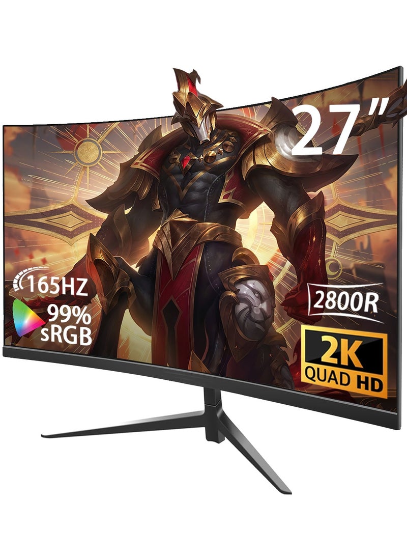 HILUKE - 27 inch Curved Gaming Monitor,165Hz PC Monitor Full HD 1440P, Frameless 2800R Computer Display with FreeSync & Eye-Care Technology, Wall Mountable, DP, HDMI Port (Black) - Image 1