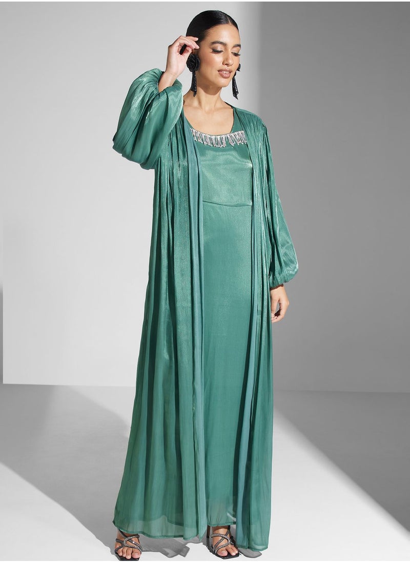 hayas closet - Embellished Balloon Sleeve Belted Dress - Image 1