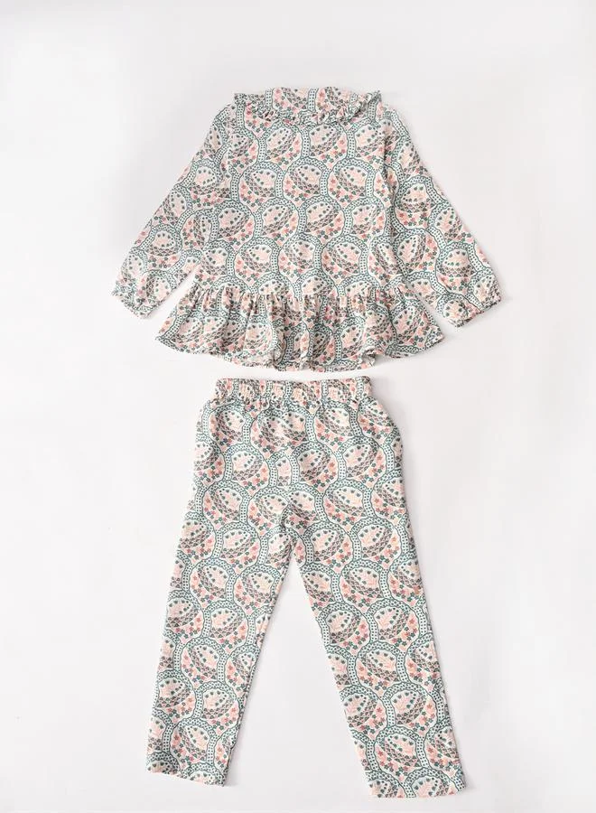 بيلا مودا Girls Multi-Color Paisley Print Ruffle Detail Shirt And Trousers Set