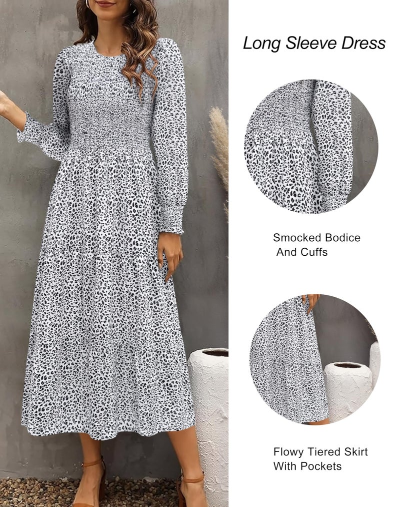 Zattcas Casual Puff Long Sleeve Floral Spring Fall Dresses for Women 2026 Flowy Boho Smocked Tiered Modest Church Work Winter Maternity Wedding Guest Midi Dress Whiteblack M - Image 4