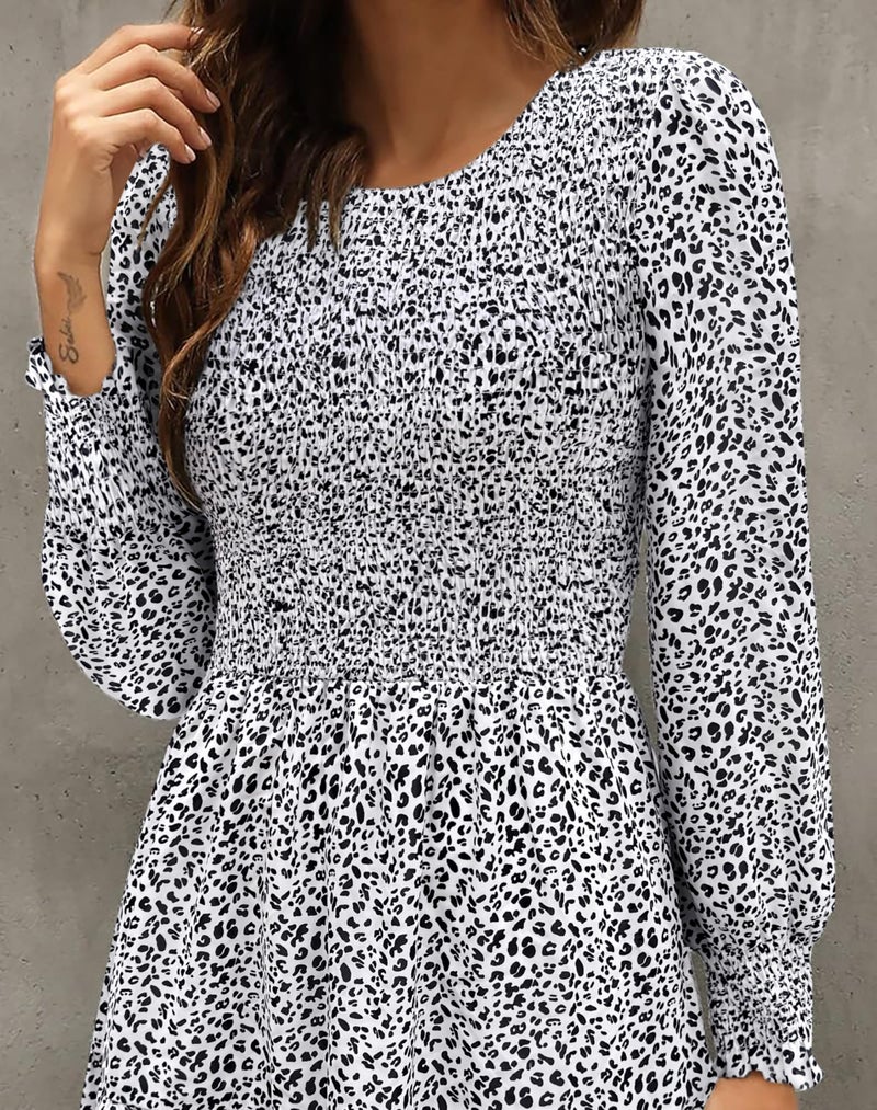Zattcas Casual Puff Long Sleeve Floral Spring Fall Dresses for Women 2026 Flowy Boho Smocked Tiered Modest Church Work Winter Maternity Wedding Guest Midi Dress Whiteblack M - Image 5