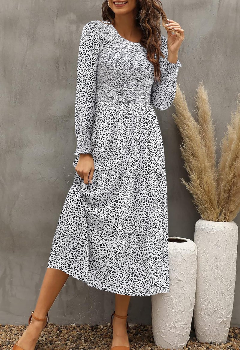 Zattcas Casual Puff Long Sleeve Floral Spring Fall Dresses for Women 2026 Flowy Boho Smocked Tiered Modest Church Work Winter Maternity Wedding Guest Midi Dress Whiteblack M - Image 2