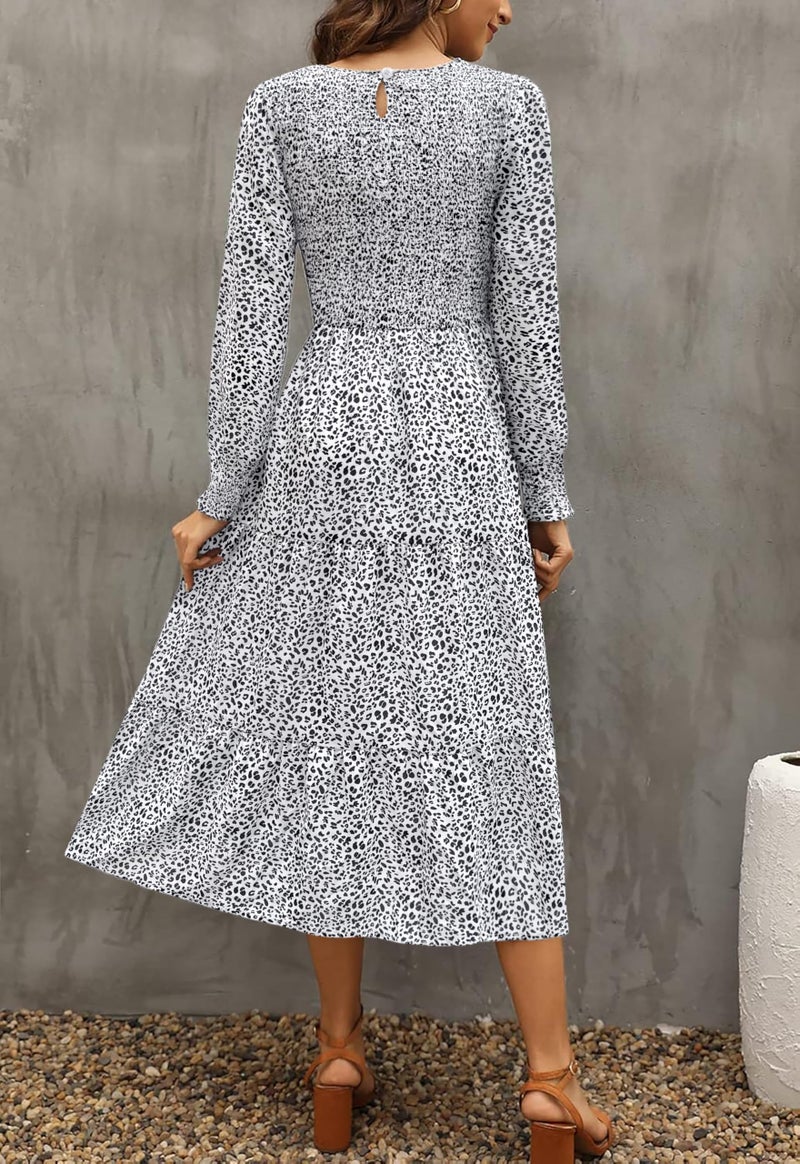 Zattcas Casual Puff Long Sleeve Floral Spring Fall Dresses for Women 2026 Flowy Boho Smocked Tiered Modest Church Work Winter Maternity Wedding Guest Midi Dress Whiteblack M - Image 3
