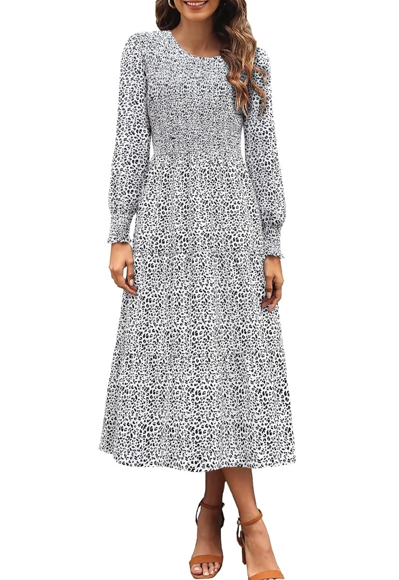 Zattcas Casual Puff Long Sleeve Floral Spring Fall Dresses for Women 2026 Flowy Boho Smocked Tiered Modest Church Work Winter Maternity Wedding Guest Midi Dress Whiteblack M - Image 1