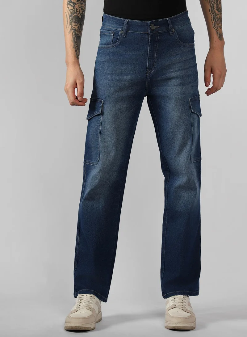 Dennis Lingo Men's Blue Cotton Blend Solid Full Length Relaxed Fit Jeans