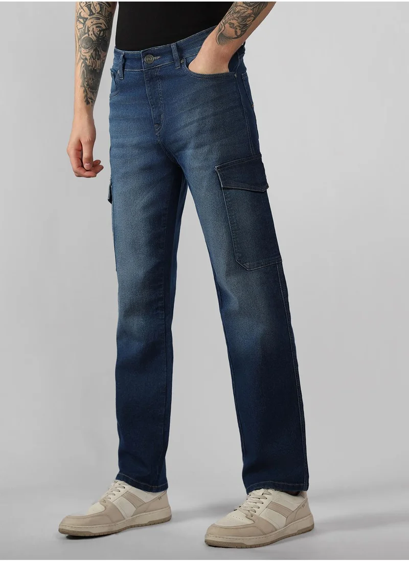 دينيس لينغو Men's Blue Cotton Blend Solid Full Length Relaxed Fit Jeans