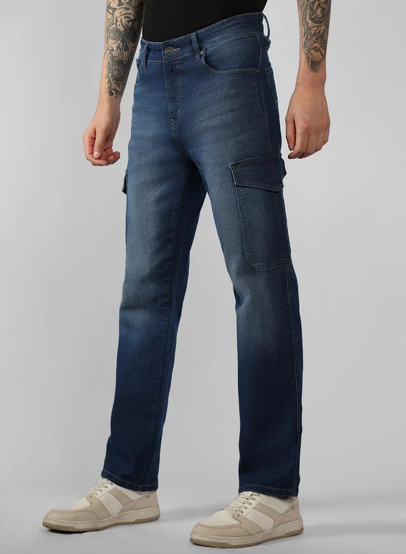 Dennis Lingo Men's Blue Cotton Blend Solid Full Length Relaxed Fit Jeans