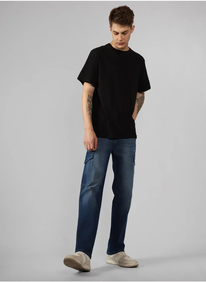 دينيس لينغو Men's Blue Cotton Blend Solid Full Length Relaxed Fit Jeans