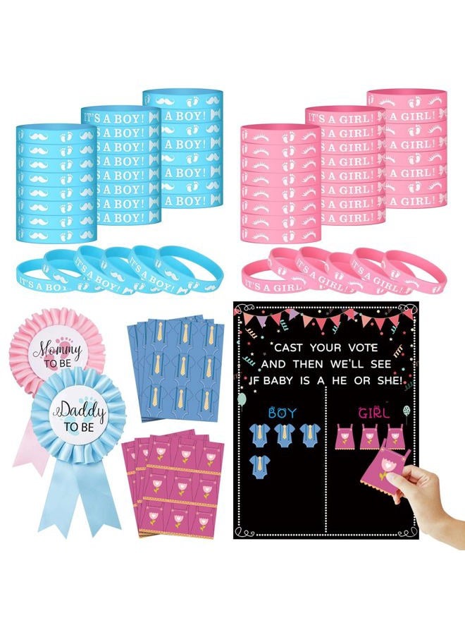 QKDS Gender Reveal Party Decoration, Gender Reveal Voting Stand Chalkboard Design with Voting Stickers, 54pcs Stickers 40pcs Silicone Wristbands for Revealing Party Baby Shower - Image 1