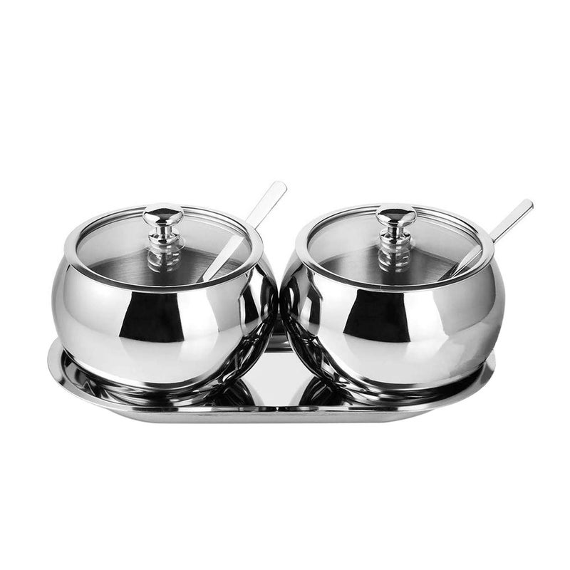 KEMIYIXIAN KEMIYIXIAN 2 Stainless Steel Sugar Bowl with Lid Spoon and Tray Polished Shiny Condiment Pots for Serving Sugar Pepper Salt Spice 330ml 116 Oz 